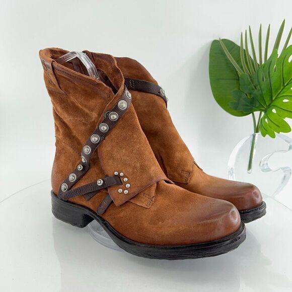 A.S. 98 Sheffield Leather Biker Boots Size 39 Brown Leather Studded Moto - Picture 1 of 10